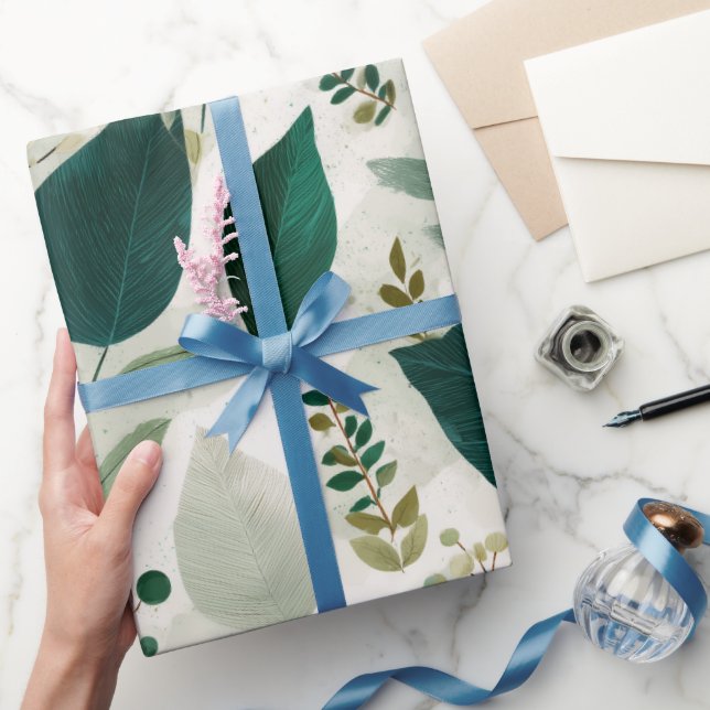 Botanical Forest Leaf White Floral Pattern Wrapping Paper (Gifting)