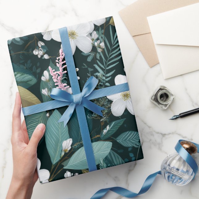 Botanical Forest Leaf White Floral Pattern Wrapping Paper (Gifting)