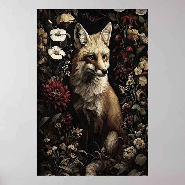 Botanical Fox Print, Antique Dark Academia Gothic Poster (Front)