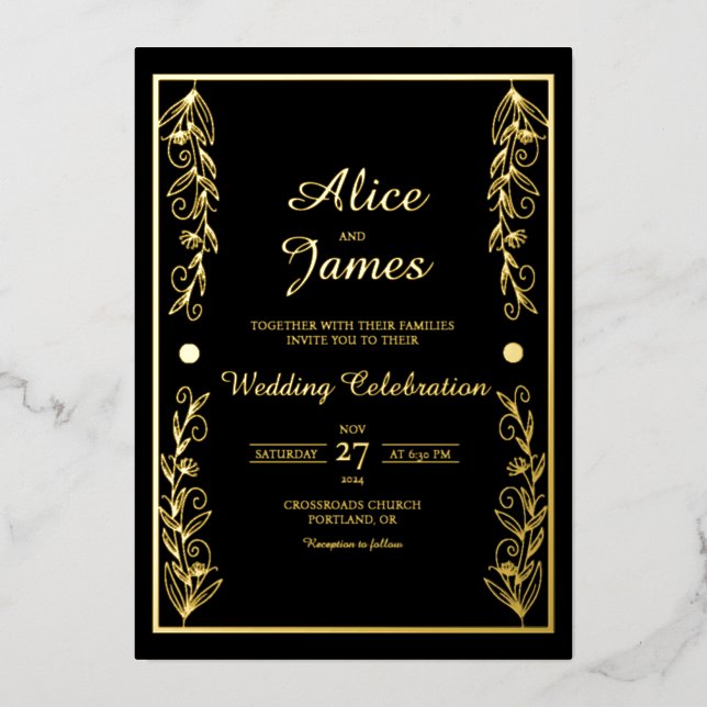 Botanical Frame Elegant Black Gold Foil Wedding (Front)