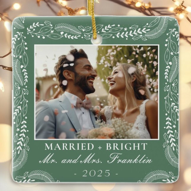 botanical frame photo 1st Christmas Married Ceramic Ornament (Creator Uploaded)