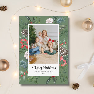 Botanical Frame Photo Merry Christmas Green Holiday Card
