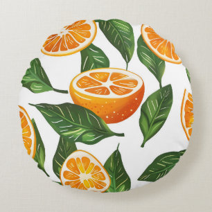 Botanical Fruit Orange Citrus Seamless Pattern Round Pillow