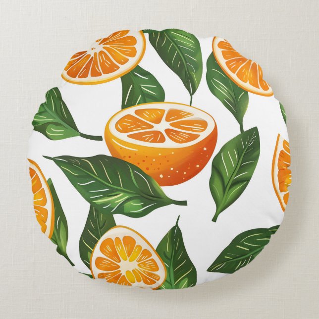 Botanical Fruit Orange Citrus Seamless Pattern Round Pillow (Front)