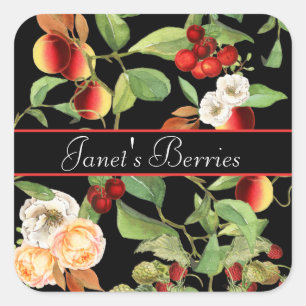 Botanical Fruits and Berries on Black Square Sticker