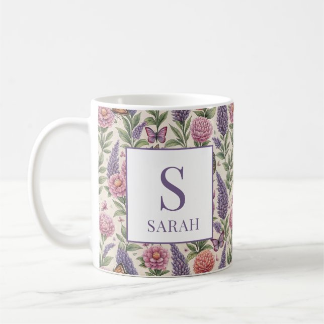 Botanical Garden Floral Monogram Lavender Coffee Mug (Left)
