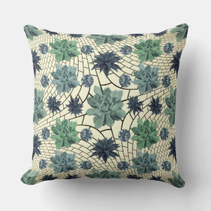 Botanical Garden Floral Teal Green Cacti Pattern Throw Pillow