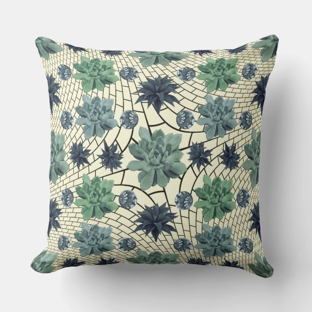 Botanical Garden Floral Teal Green Cacti Pattern Throw Pillow (Front)