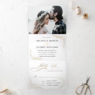 botanical garden gold tri fold wedding invitation