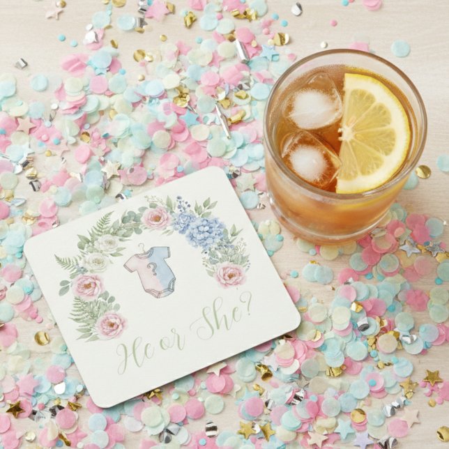 Botanical Gender Reveal Square Paper Coaster (Gender reveal party drink coaster)