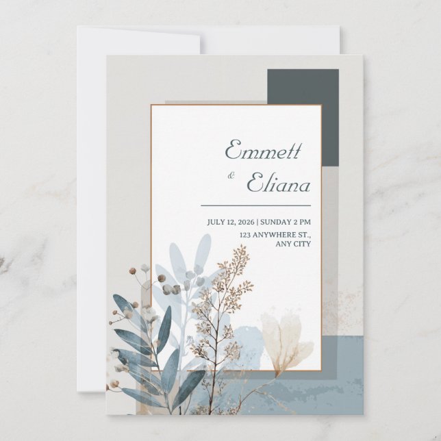 Botanical Geometric Blue and Beige Wedding  Invitation (Front)