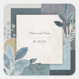 Botanical Geometric Blue and Gold Wedding Square Sticker