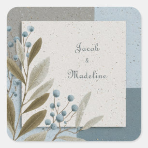 Botanical Geometric Blue and Neutral Wedding Square Sticker