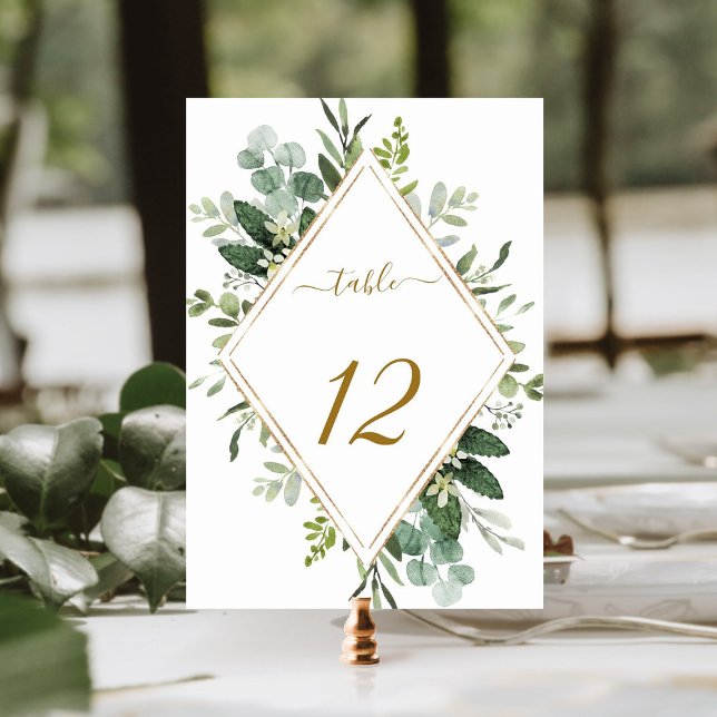 Botanical Gold Diamond Frame Greenery Wedding  Tab Table Number (Creator Uploaded)
