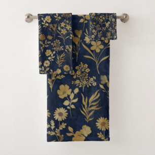 Botanical Gold Flowers Blue Pattern Bath Towel Set