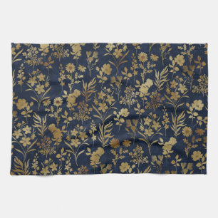 Botanical Gold Flowers Blue Pattern Kitchen Towel