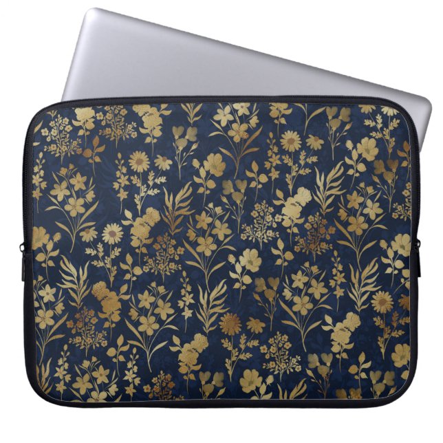 Botanical Gold Flowers Blue Pattern Laptop Sleeve (Front)