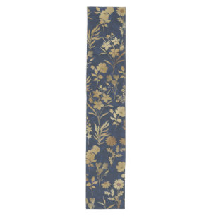 Botanical Gold Flowers Blue Pattern Medium Table Runner