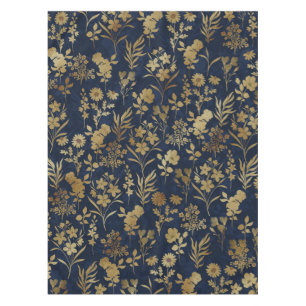 Botanical Gold Flowers Blue Pattern Tablecloth