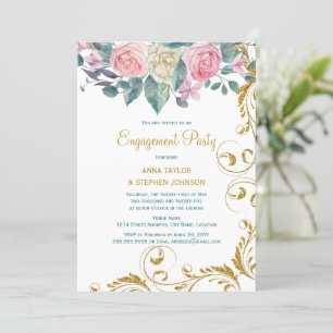 Botanical Gold Glitter Swirls Engagement Party Invitation
