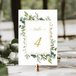 Botanical Gold Green Wedding Number 4,  Table Number<br><div class="desc">Table 4. Please check all available numbers. | This wedding table number features painted watercolor eucalyptus greenery and green leaves with a faux gold glitter rectangular frame,  text,  and number. For more advanced customization of this design,  please click the BLUE DESIGN TOOL BUTTON above!</div>