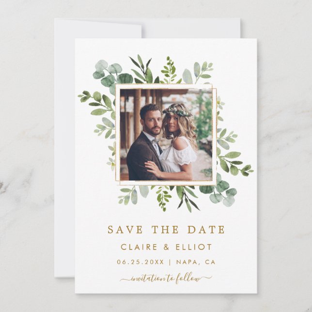 Botanical Gold Green Wedding Photo Save the Date (Front)