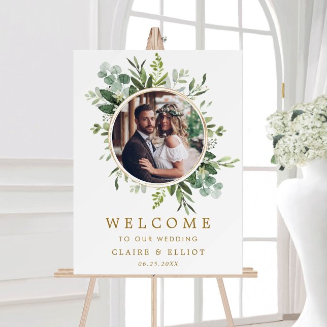 Botanical Gold Green Wreath Photo Wedding Welcome  Poster (Creator Uploaded)