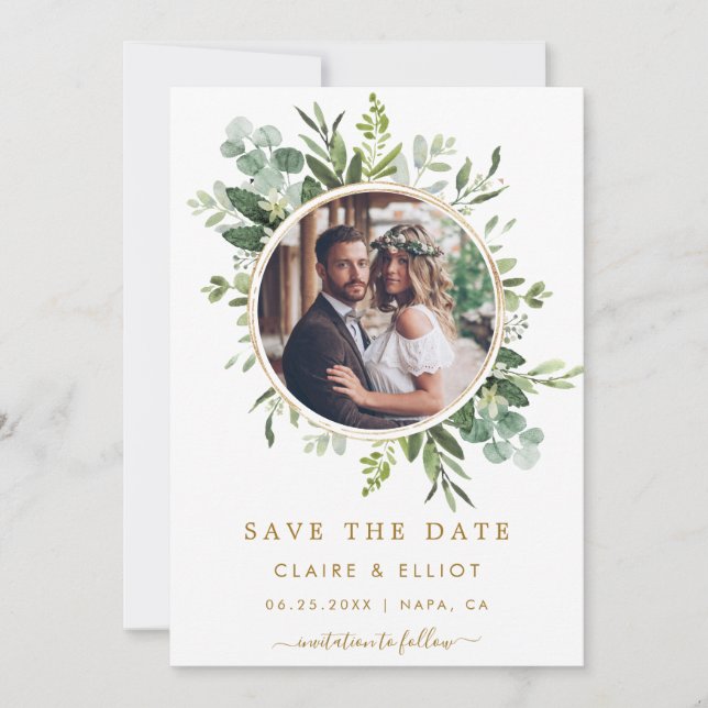 Botanical Gold Green Wreath Wedding Photo Save The Date (Front)