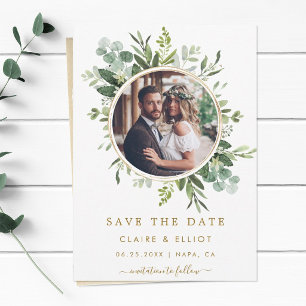 Botanical Gold Green Wreath Wedding Photo Save The Date