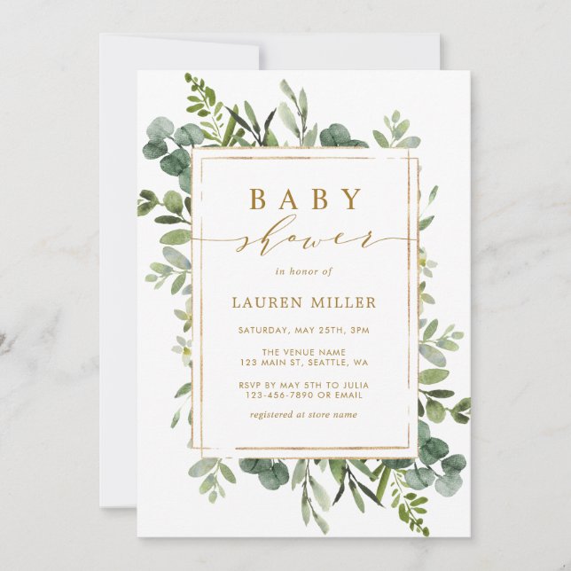 Botanical Gold Greenery Baby Shower Invitation (Front)