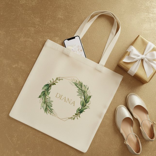 Botanical Gold Greenery Personalize Name Tote Bag  (Creator Uploaded)