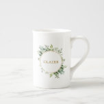 Botanical Gold Greenery Personalized Bone China Mug<br><div class="desc">This personalized coffee mug features painted watercolor eucalyptus greenery,  green leaves and a gold circular frame. For more advanced customization of this design,  Please click the "Customize further" link.  Matching items are also available.</div>