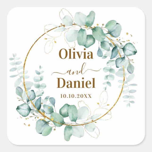 Botanical Gold Greenery Personalized Save the Date Square Sticker (Front)