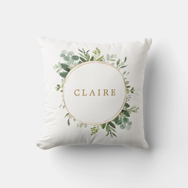 Botanical Gold Greenery Personalized Throw Pillow (Front)