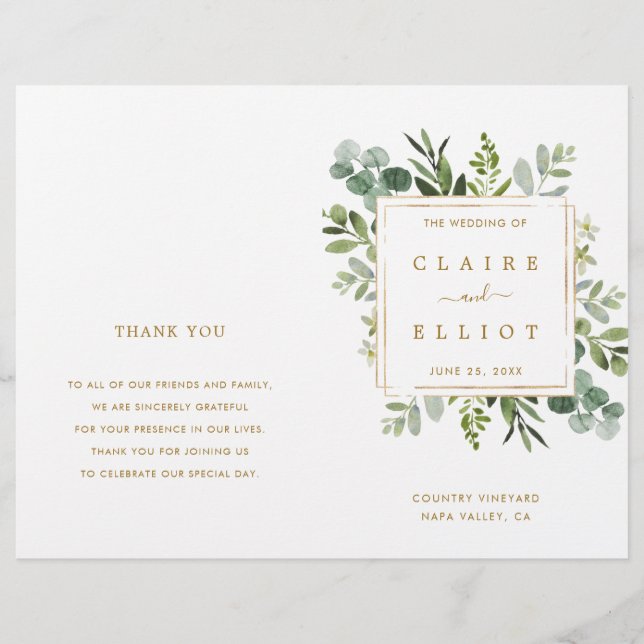 Botanical Gold Greenery Watercolor Wedding Program (Front)