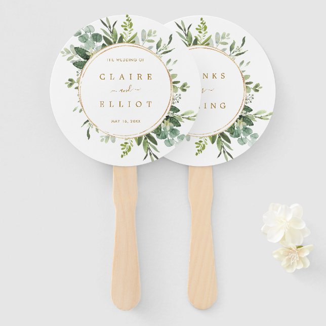 Botanical Gold Greenery Wedding Hand Fan (Front and Back)