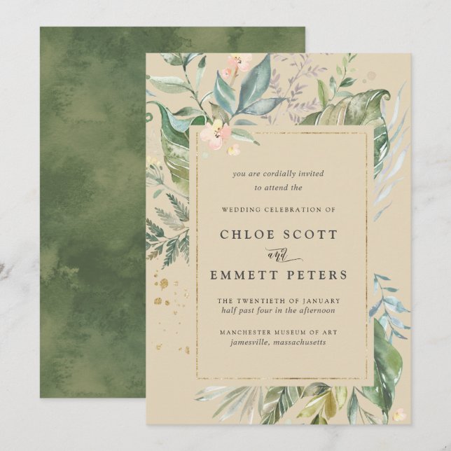 Botanical Gold Greenery Wedding Invitation (Front/Back)