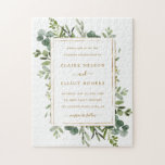 Botanical Gold Greenery Wedding Invitation Jigsaw Puzzle<br><div class="desc">This wedding invitation jigsaw puzzle features painted watercolor eucalyptus greenery,  green leaves and a gold rectangular frame. For more advanced customization of this design,  Please click the "Customize further" link.  Matching items are also available.</div>