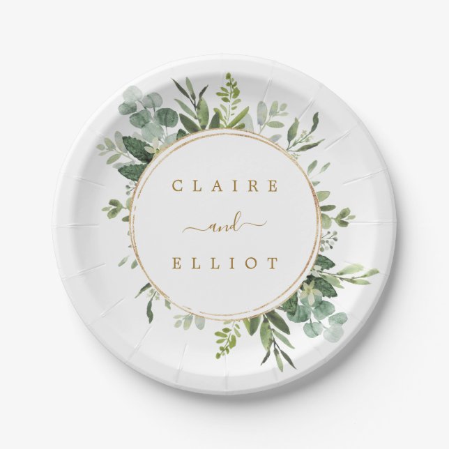 Botanical Gold Greenery Wedding Paper Plate (Front)
