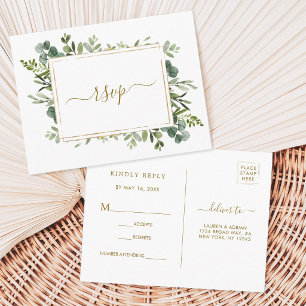 Botanical Gold Greenery Wedding RSVP Invitation Postcard