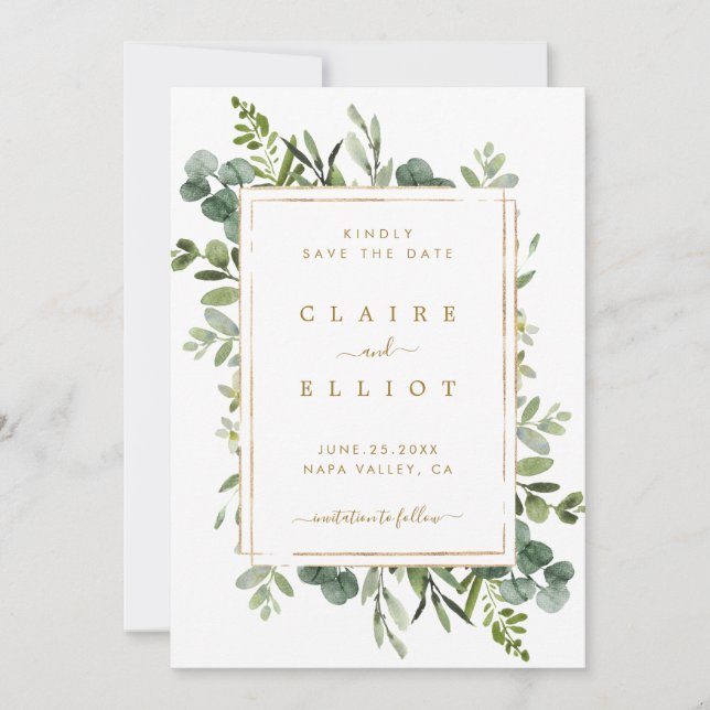 Botanical Gold Greenery Wedding Save the Date Card (Front)