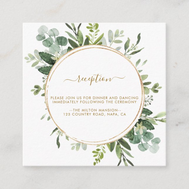 Botanical Gold Greenery Wreath Wedding Reception Enclosure Card (Front)