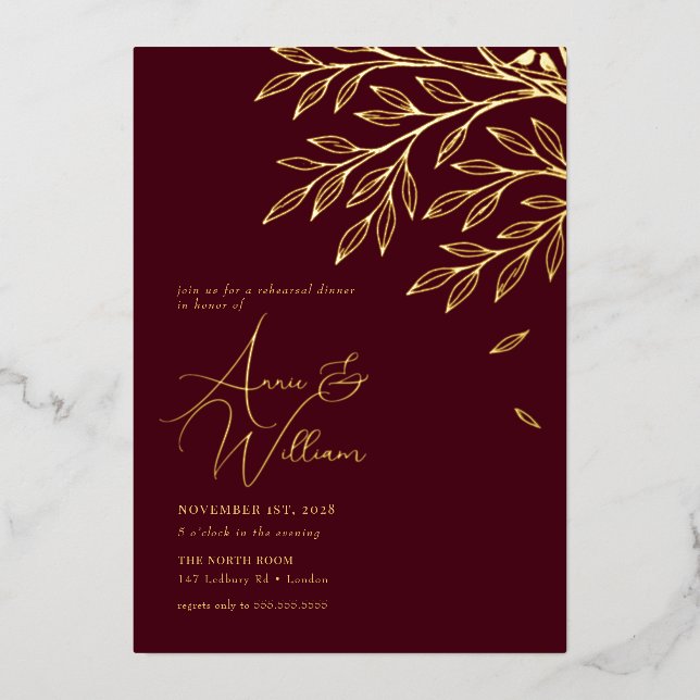 Botanical Gold Leaf Burgundy Rehearsal Dinner  (Front)