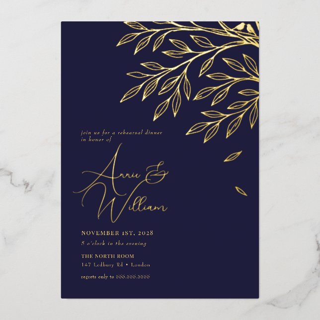 Botanical Gold Leaf Navy Rehearsal Dinner  (Front)