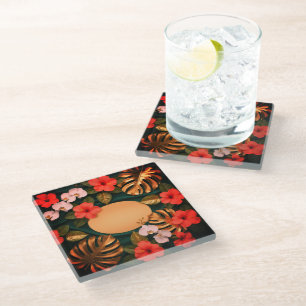 Botanical Gold Monstera Hibiscus Elegant Luxury Glass Coaster