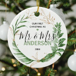 Botanical Gold Our First Christmas Mr & Mrs Photo Ceramic Ornament<br><div class="desc">Celebrate your first Christmas as newly weds and mark the occasion with this keepsake wedding photo christmas ornament. Featuring a botanical wreath with faux gold foliage,  a template that is easy to customize and a your favourite picture from your wedding day.</div>