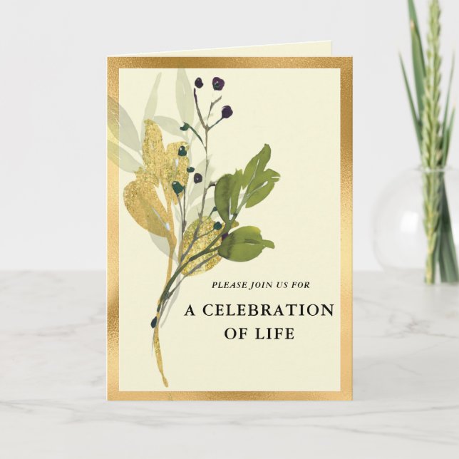 Botanical Gold Photo Memorial Folded Invitation (Front)