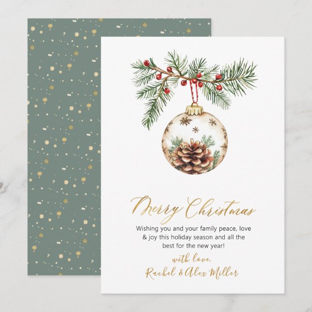 Botanical Gold Script Non Photo Merry Christmas Holiday Card (Front/Back)