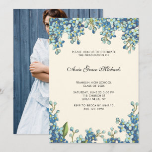 Botanical Graduation Party Photo Invitation Blue
