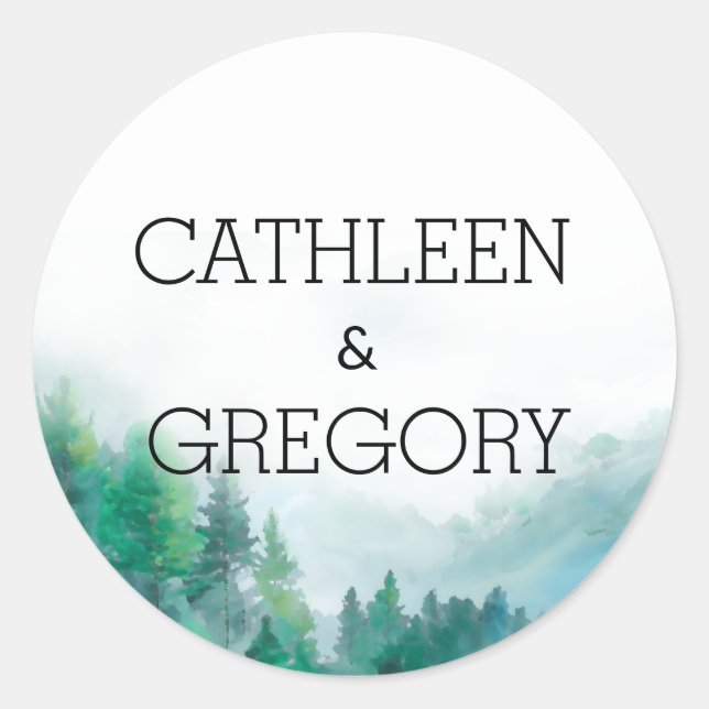 Botanical Green and Blue Boho Forest Wedding Classic Round Sticker (Front)